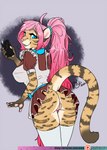 anthro bottomwear clothed clothing female genitals hair legwear no_underwear pink_hair pussy raised_tail skirt solo stockings tail tail_under_skirt upskirt rika_(artist) tifa_(rika) felid feline leopardus mammal ocelot hi_res