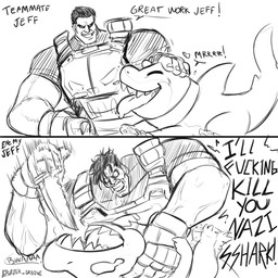 ambiguous_gender angry animal_noises armor black_hair bodily_fluids body_armor clenched_teeth clothed clothing collar crying death_threat dialogue drooling duo eyes_closed feral gloves hair handwear headpat heart_symbol holding_knife holding_object insult knife male motion_blur motion_lines neck_grab open_mouth profanity saliva schutzstaffel sharp_teeth smile speech_bubble tears teeth text threatening_with_weapon tongue tongue_out veiny_arms yelling lazergroove marvel marvel_rivals frank_castle_(marvel) jeff_the_land_shark human land_shark_(species) mammal absurd_res artist_name comic english_text hi_res monochrome male_(lore)