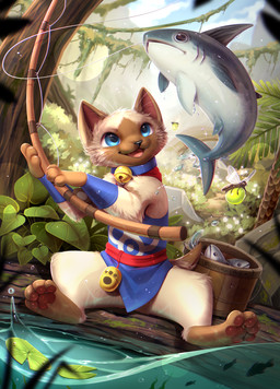 anthro biped clothed clothed_anthro clothed_male clothing cloud day feet fingers fishing fishing_rod front_view fur male outside paws sitting sky smile solo tail teeth toes tongue water whiskers bloominglynx capcom monster_hunter felid felyne lynian mammal palico 2026 digital_drawing_(artwork) digital_media_(artwork) hi_res