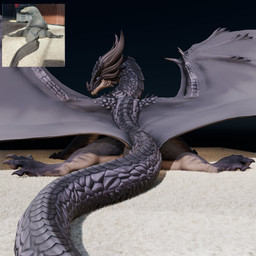 black_body black_scales black_wings blue_eyes claws countershading feet feral horn inside long_tail looking_back lying male membrane_(anatomy) membranous_wings on_ground pose real scales shadow smile smiling_at_viewer smirk smirking_at_viewer solo sploot spread_legs spread_wings spreading tail tailbutt wing_claws wings micowzow black_betty_(meme) mythology graven_(micowzow) dragon komodo_dragon lizard monitor_lizard mythological_creature mythological_scalie reptile scalie 1:1 2026 3d_(artwork) absurd_res colored digital_media_(artwork) hi_res meme photography_(artwork) reference_image shaded