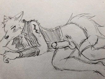 anthro balls blush bottomless clothed clothing genitals lying male on_side penis pubes solo topwear topwear_only worried bo_ru_zoy furloid utau sero_tsugumine canid canine mammal graphite_(artwork) traditional_media_(artwork)