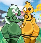 anthro big_butt biped breasts butt button_(fastener) button_eyes detailed_background duck_bill duo female female_anthro fur green_body green_fur huge_butt looking_at_viewer looking_back side_boob tail thick_thighs tongue tongue_out yellow_body lewdewott epic_games fortnite clover_team_leader quackling_(fortnite) anatid anseriform avian bird canid canine canis domestic_dog duck mammal 2025 digital_drawing_(artwork) digital_media_(artwork) hi_res