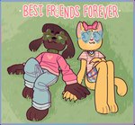 :3 anthro bottomwear brown_body brown_fur claws clothing collar denim denim_bottomwear denim_clothing duo eyewear feet female floppy_ears fur glasses grass hand_holding hindpaw jeans pants paws plant shirt t-shirt tail topwear tee-wells hasbro littlest_pet_shop littlest_pet_shop:_popular brooklyn_hayes lps_77 lps_78 savannah_reed canid canine canis domestic_cat domestic_dog felid feline felis mammal