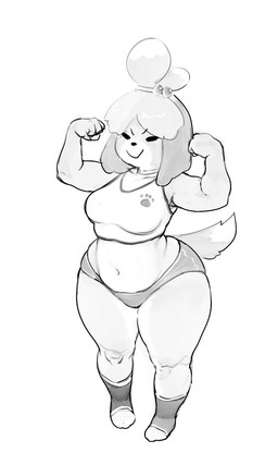 :> anthro asian_clothing athletic_wear belly biped bottomwear breasts buruma clothed clothing crop_top dipstick_tail east_asian_clothing eyes_closed female fist flexing footwear hair hair_bun huge_hips japanese_clothing markings medium_breasts navel pear-shaped_figure proud shirt shortstack shortstack_female simple_background slightly_chubby slightly_chubby_anthro slightly_chubby_female smile solo standing tail tail_markings thick_thighs three-quarter_view topwear white_background wide_hips okgaki animal_crossing nintendo isabelle_(animal_crossing) canid canine canis domestic_dog mammal shih_tzu toy_dog 2026 digital_media_(artwork) full-length_portrait greyscale hi_res monochrome portrait sketch