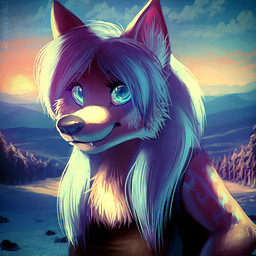 anthro backlighting black_clothing black_topwear blue_eyes blue_hair blue_markings cheek_tuft chest_tuft closed_smile clothed clothing cloud eyelashes facial_tuft fangs female fur glistening glistening_eyes hair light markings mouth_closed outside plant rock sky smile snow solo sunset tan_body tan_fur teeth text topwear tree tuft mylafox canid canine canis mammal wolf 1:1 half-length_portrait lighting portrait url