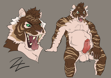 abdominal_bulge animal_genitalia anthro anthro_pred ball_bulge balls bodily_fluids brown_body brown_fur bulge claws cock_vore fur genitals green_eyes humanoid_genitalia humanoid_penis larger_pred macro_pred male male_pred micro_prey nipples open_mouth penile penile_spines penis saliva sheath simple_background sitting size_difference solo striped_body striped_fur stripes teeth vore white_body white_fur zeanlain kurroe felid mammal pantherine tiger 2021 colored