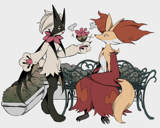 3_fingers 3_toes ambiguous_gender anthro bench claws duo feet finger_claws fingers flower_(anatomy) flower_trick fur green_body green_fur inner_ear_fluff mask pawpads paws pink_eyes pink_nose red_body red_eyes red_fur red_inner_ear_fluff red_nose tail toes tuft white_body white_fur yellow_body yellow_ears yellow_fur yellow_tail ttftuv nintendo pokemon delphox generation_6_pokemon generation_9_pokemon meowscarada pokemon_(species) 2026 hi_res
