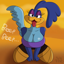 anthro avian_legs beak bedroom_eyes big_breasts biped blue_body blue_feathers breasts clothed clothed_anthro clothed_female clothing crossgender crouching feathers female fingers front_view half-closed_eyes humanoid_hands long_tongue looking_at_viewer mtf_crossgender narrowed_eyes non-mammal_breasts orange_background orange_body pose seductive simple_background solo tail text tongue tongue_out alwinmeistro looney_tunes warner_brothers road_runner_(looney_tunes) avian bird cuculiform new_world_ground_cuckoo roadrunner 1:1 absurd_res artist_name colored english_text hi_res shaded