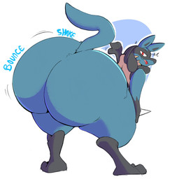 ambiguous_gender anthro bent_over big_butt black_body black_fur black_inner_ear blue_body blue_ears blue_fur blue_tail blush blush_lines bubble_butt butt butt_focus fangs feet fingers fur half-closed_eyes hand_on_leg hand_on_own_leg hand_on_own_thigh hand_on_thigh hand_spike huge_butt inviting looking_at_viewer looking_back looking_back_at_viewer motion_lines multicolored_body multicolored_fur narrowed_eyes naughty_face nude open_mouth pink_tongue presenting presenting_hindquarters pupils raised_tail rear_view red_eyes shaking_butt simple_background slit_pupils solo sound_effects standing tail teasing teeth text thick_thighs toes tongue tuft white_background wide_hips yellow_body yellow_fur terito nintendo pokemon generation_4_pokemon lucario pokemon_(species) 1:1 2023 digital_media_(artwork) hi_res