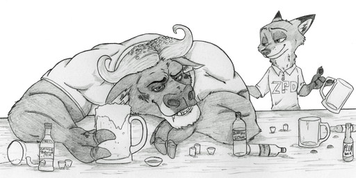 alcohol anthro beer beverage bodily_fluids body_hair clothed clothing drooling drunk duo fur horn male muscular muscular_male open_clothing open_shirt open_topwear police police_uniform saliva shirt smile standing substance_intoxication topwear uniform ziegelzeig disney zootopia chief_bogo nick_wilde bovid bovine canid canine cape_buffalo fox mammal red_fox true_fox 2017 hi_res