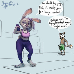 anthro barefoot bodily_fluids bottle bottomwear breasts claws clothed clothing container dialogue dipstick_tail duo erection erection_under_clothing exercise eyes_closed feet female genital_fluids high_waisted_bottomwear holding_object male markings multicolored_tail name_drop name_in_dialogue navel pants precum precum_on_ground speech_bubble sweat tail tail_markings tenting text toe_claws towel water_bottle wide_eyed yoga_pants nymous disney zootopia judy_hopps nick_wilde canid canine fox lagomorph leporid mammal rabbit red_fox true_fox 1:1 2020 english_text hi_res