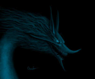 black_background dark facial_spikes feral fur glowing glowing_eyes long_ears long_neck open_mouth sharp_teeth simple_background solo spikes spikes_(anatomy) teeth sovaka monster unknown_species black_and_blue blue_theme cool_colors hi_res monochrome