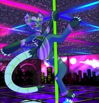 absurd_res ampwave anthro blue_body blue_fur bulge caliluminos claws clothing dancing electrocardiogram freakuency fur gloves_(marking) heartbeat_line hi_res hypnotic_eyes leg_markings male markings neon neon_lights open_mouth panties pink_body pink_fur pole pole_dancing purple_body purple_fur rave ringed_eyes socks_(marking) solo speaker_ears strip_club striped_body striped_fur stripes tongue tongue_out underwear