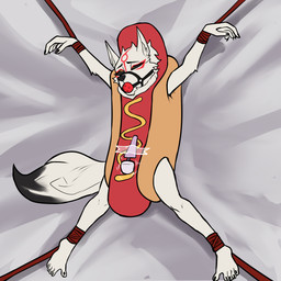 anthro bdsm bondage bound clothing costume female food food_costume hot_dog hot_dog_costume meat sausage sausage_costume sex_toy solo spread_arms spread_eagle spread_legs spreading vibrator wand_vibrator hexecat capcom okami_(capcom) amaterasu_(okami) canid canine canis mammal wolf 1:1 absurd_res hi_res