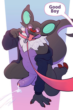 anthro balls biped blush bodily_fluids bottomless bottomless_male claws clothed clothed_anthro clothed_male clothing collar countershade_torso countershading cum ear_piercing ear_ring erection eyewear feet fingers foreskin front_view genital_fluids genitals glasses glowing glowing_eyes good_boy humanoid_genitalia humanoid_penis hypnosis kneeling leash looking_at_viewer male mind_control navel open_mouth open_smile penis piercing ring_piercing ringed_eyes shirt simple_background smile solo speech_bubble submissive submissive_male tail teeth text toes tongue tongue_out topwear thesecretcave nintendo pokemon dabelette_(character) generation_6_pokemon noivern pokemon_(species) 2026 2:3 absurd_res digital_drawing_(artwork) digital_media_(artwork) english_text hi_res