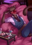 5_fingers anthro beverage blush brown_body brown_fur claws clothed clothing dessert detailed_background drunk euplerid eyewear felix_(kevintheradioguy) fingers food fossa fur glass glasses hi_res kevintheradioguy male mammal orange_eyes solo substance_intoxication whiskers yellow_eyes