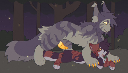 adult_on_child adult_on_young age_difference ambiguous_gender animal_genitalia animal_penis belly bodily_fluids chest_tuft claws countershaded_face countershading duo ear_tuft erection feline_genitalia feline_penis female feral feral_on_feral fluffy fluffy_tail fur genital_fluids genitals grey_body grey_fur imminent_sex larger_male male male/ambiguous markings multicolored_body multicolored_fur older_male orange_claws orange_eyes orange_penis outside penile penile_spines penis precum questionable_consent size_difference smile striped_body stripes tail tuft white_belly young young_feral younger_female xbramblefrostx warriors_(book_series) spottedleaf_(warriors) thistleclaw_(warriors) calico_cat domestic_cat felid feline felis mammal tabby_cat 2026 digital_drawing_(artwork) digital_media_(artwork) hi_res female_(lore)