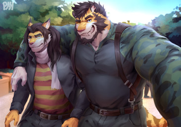anthro arm_around_shoulders beard black_claws black_clothing black_hair black_jacket black_topwear blue_eyes camera camo camo_clothing camo_print camo_shirt camo_topwear claws clear_sky clothing day detailed_background duo facial_hair fangs finger_claws forest fur green_camo hair holding_camera holding_object jacket logo long_hair looking_at_viewer male markings multicolored_body multicolored_fur one_eye_closed outside pattern_clothing pattern_shirt pattern_topwear pink_nose plant red_stripes sabertooth_(anatomy) scarf shirt sky smile snaggle_tooth striped_clothing striped_markings striped_shirt striped_tail striped_topwear stripes tail tail_markings taking_picture taking_selfie teeth toony topwear tree two_tone_body two_tone_fur white_body white_fur white_scarf wink yellow_body yellow_fur yellow_stripes physen akimori_(myokuju) michael_(myokuju) felid lion mammal pantherine tiger 2021 absurd_res artist_logo detailed hi_res watermark father_(lore) father_and_child_(lore) father_and_son_(lore) parent_(lore) parent_and_child_(lore) parent_and_son_(lore) son_(lore)