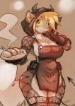 anthro apron big_breasts blonde_hair blue_eyes blush blush_stickers breasts cleavage clothed clothing cosplay eating female food fur hair looking_at_viewer solo white_body white_fur wide_hips chalo dorohedoro las_lindas nikaido_(dorohedoro) sarah_silkie domestic_cat felid feline felis mammal 2019 signature