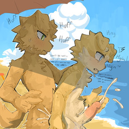 abdominal_bulge anal anal_penetration anthro beach big_penis blue_eyes blush bodily_fluids chest_tuft clenched_teeth cum cum_in_ass cum_inside cumshot duo ejaculation erection eyebrows facial_tuft floppy_ears fur genital_fluids genitals green_eyes humanoid_genitalia humanoid_penis male male/male male_penetrated male_penetrating male_penetrating_male nude orgasm outside penetration penile penile_penetration penis sand seaside sex size_difference sweat tail teeth text tuft water yellow_body yellow_fur young young_anthro young_male regcron crowl_(regcron) william_(regcron) canid canine canis domestic_dog mammal 1:1 english_text hi_res