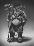 anthro armor bone druid facial_piercing hair holding_object holding_staff looking_at_viewer magic_user male nipples nose_piercing nose_ring overweight overweight_male piercing ring_piercing septum_piercing septum_ring short_hair simple_background skull slightly_chubby smile solo staff tribal_spellcaster chanrom bear mammal 2021 monochrome