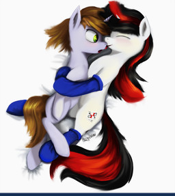 alternate_universe black_hair brown_hair cutie_mark duo eyes_closed female female/female female_feral feral fur green_eyes grey_body grey_fur hair hooves horn hug licking multicolored_hair open_mouth red_hair simple_background smile tongue tongue_out two_tone_hair white_background white_body white_fur discordthege fallout fallout_equestria foe:_project_horizons hasbro microsoft my_little_pony mythology blackjack_(fallout_equestria) fan_character littlepip equid equine horse mammal mythological_creature mythological_equine pony unicorn colored crossover digital_media_(artwork) digital_painting_(artwork) hi_res painting_(artwork)