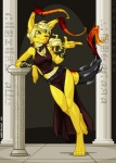 anthro anthrofied armband bare_shoulders barefoot biped bottomwear breasts cleavage clothed clothing collar crotch_apron dress ear_piercing egyptian egyptian_clothing feet female fur green_eyes hieroglyphics loincloth midriff piercing shendyt skimpy solo standing tail temple yellow_body yellow_fur amber_williams neopets choosanama canid canine gelert_(neopets) mammal neopet_(species)