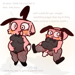 balls blush breasts bulge bunny_costume clothed clothing costume dialogue fake_ears fake_rabbit_ears female fishnet_clothing flustered footwear genitals knot legwear lying panties penis scut_tail shoes short_tail slightly_chubby slightly_chubby_female small_balls small_penis spread_legs spreading tail thigh_highs thong underwear fossildusk blushcrunch_studio dandy's_world roblox shelly_(dandy's_world) hi_res trans_(lore) trans_woman_(lore)