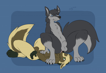 animal_genitalia anthro balls black_nose blue_background blue_eyes brown_balls brown_body brown_fur brown_sheath brown_tail butt_sniffing claws crouching dominant dominant_male duo facesitting fully_sheathed fur genitals green_eyes grey_balls grey_hair grey_sheath grey_tail hair lying male male/male male_on_bottom male_on_top multicolored_body multicolored_fur nose_to_anus on_back on_bottom on_top sheath simple_background sitting sitting_on_another sniffing submissive submissive_male tail tan_body tan_fur tan_hair two_tone_body two_tone_fur halbean morokai canid canine canis domestic_dog mammal wolf 2015 signature