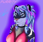 anthro blue_eyes blue_hair breasts cleavage clothed clothing fangs female fishnet_clothing fur hair horn multicolored_body multicolored_fur multicolored_hair purple_horn side_view simple_background smile solo striped_body stripes teeth text lynxdts purrity felid feline mammal pantherine tiger 2022 absurd_res digital_media_(artwork) hi_res shaded simple_shading