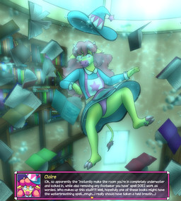 anthro book bookshelf bubble clothing eyewear female furniture glasses hat headgear headwear library panties solo text text_box underwater underwear water yellow_body thehiddenmagpie super_lesbian_animal_rpg claire_higsby bovid bovine cattle mammal 2025 english_text hi_res trans_(lore) trans_woman_(lore)
