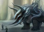 ambiguous_gender anthro feral group macro metal open_mouth quadruped scroll side_view size_difference staff standing teeth anthony_francisco hasbro magic:_the_gathering wizards_of_the_coast monster official_art signature