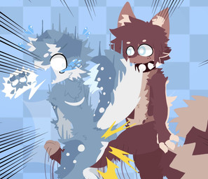 anthro arm_tuft attack ballbusting bodily_fluids butt checkered checkered_background chest_tuft circle_eyebrows cock_and_ball_torture collar crotch_attack crotch_kick duo eyebrows fluffy fluffy_tail fur genital_torture hair inner_ear_fluff kick kicking_balls leg_tuft looking_at_another male markings open_mouth pain pattern_background raised_tail simple_background skull_and_crossbones spiked_collar spikes spots spotted_body spotted_fur tail tears tears_of_pain teeth teeth_showing tuft lyanmyan species_request hi_res
