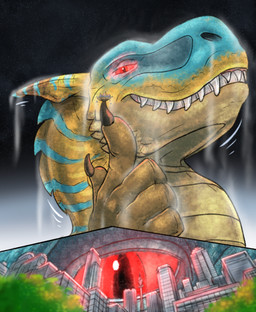 ambiguous_gender balancing_object city claws cutaway destruction feral finger_claws giga glowing glowing_eyes grin looming macro smile solo tyrnn capcom monster_hunter grev_(greviste) flying_wyvern tigrex absurd_res hi_res