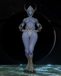 armor blue_body blue_eyes blue_skin boots breasts clothing cosmic_background digitigrade female footwear gauntlets genitals gloves hands_on_hips handwear headgear helmet looking_at_viewer mostly_nude mouthless nipples noseless pussy shoes solo space standing starry_background wide_hips lorded blizzard_entertainment starcraft selendis_(starcraft) alien alien_humanoid humanoid protoss featureless_(disambiguation) 3d_(artwork) absurd_res digital_media_(artwork) hi_res