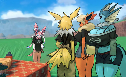 anthro big_breasts big_butt black_sclera blue_body blue_eyes breast_size_difference breasts butt cleavage clothed clothing female group huge_breasts looking_at_another looking_down midriff navel outside pink_body red_body screencap screencap_background shy standing tail thick_thighs white_body white_eyes yellow_body yboon bocchi_the_rock nintendo pokemon eeveelution flareon generation_1_pokemon generation_6_pokemon jolteon pokemon_(species) sylveon vaporeon hi_res redraw