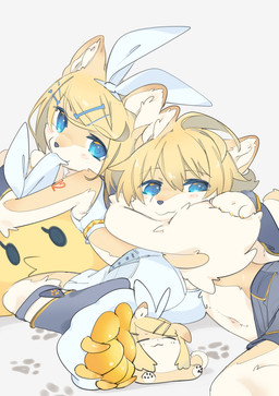 4_toes adolescent anthro bite blonde_hair blue_eyes blush blush_lines bottomwear bow_ribbon breasts butt claws clothed clothing duo feet female female_anthro footprint fur hair hug kemono looking_at_viewer looking_back looking_back_at_viewer male male/female male_anthro navel pawpads pawprint paws plushie shorts simple_background small_breasts tail toe_claws toes white_background yellow_body yellow_fur young young_anthro young_female young_male nokko_cheshire vocaloid yamaha_corporation kagamine_len kagamine_rin canid canine canis domestic_dog mammal shiba_inu spitz 2025 digital_drawing_(artwork) digital_media_(artwork) hi_res brother_(lore) brother_and_sister_(lore) sibling_(lore) sister_(lore)
