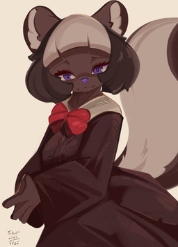 anthro clothed clothed_anthro clothed_female clothing female fully_clothed fully_clothed_anthro fully_clothed_female hair looking_at_viewer purple_eyes purple_nose simple_background solo tail tan_background conditional_dnp tohupo mammal mephitid skunk 2025 digital_drawing_(artwork) digital_media_(artwork) hi_res