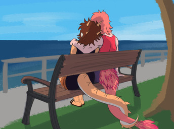 anthro bench black_clothing black_dress blue_sky bottomwear brown_hair clothing day dress duo entwined_tails feathered_tail feathers female footwear hair hand_on_shoulder head_spikes long_tail male male/female multicolored_body multicolored_scales orange_body orange_hair orange_scales outside pants park_bench pink_body pink_scales purple_bottomwear purple_clothing purple_pants red_body red_clothing red_feathers red_shirt red_tank_top red_topwear sandals scales sea seaside shirt shoes sky spikes spikes_(anatomy) tail tail_coil tail_tuft tan_body tan_scales tank_top topwear tuft two_tone_body two_tone_scales water lliyo_(artist) cavemanon_studios goodbye_volcano_high ko_op_(game_developer) snoot_game reed_(gvh) rosa_(gvh) aquilops ceratopsian dinosaur dromaeosaurid feathered_dinosaur feathered_scalie marginocephalian ornithischian prehistoric_species reptile saurischian scalie theropod velociraptor 2025 absurd_res digital_drawing_(artwork) digital_media_(artwork) hi_res