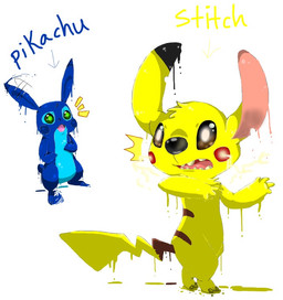 4_fingers back_markings black_nose blue_body blue_fur brown_eyes chest_tuft directional_arrow duo electricity fingers fur goo_transformation green_eyes head_tuft looking_back markings notched_ear open_mouth red_cheeks shocked simple_background small_tail tail text transformation tuft white_background yellow_body yellow_fur nuhasaad disney lilo_and_stitch nintendo pokemon stitch_(lilo_and_stitch) alien experiment_(lilo_and_stitch) generation_1_pokemon pikachu pokemon_(species) 2015 character_name cropped crossover