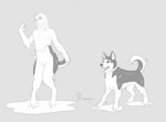 ambiguous_gender biped black_body black_nose digitigrade featureless_crotch feral gender_transformation goo_drip goo_transformation grey_background human_to_feral knock-kneed logo looking_at_hand looking_at_own_hand loss_of_dexterity male motion_lines mtf_transformation nude open_mouth paws quadruped simple_background solo species_transformation split_form standing text tongue tongue_out transformation white_body year cocofox canid canine canis domestic_dog human husky mammal nordic_sled_dog spitz 2022 artist_logo artist_name hi_res monochrome female_(lore)