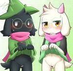 anthro balls black_body black_fur blush bottomless clothed clothing duo eyewear fur genitals glasses hat headgear headwear humanoid_genitalia humanoid_penis male penis presenting scarf small_penis white_body white_fur young young_anthro leaflizard0903 deltarune undertale_(series) ralsei bovid caprine goat mammal absurd_res censored hi_res