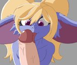 anthro blonde_hair duo erection eyelashes fellatio female first_person_view genitals hair heart_shaped_pupils licking male male/female nude oral penile penis penis_lick purple_body purple_eyes sex solo_focus tongue foxkai league_of_legends riot_games tencent poppy_(lol) human mammal yordle hi_res