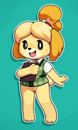 3_toes anthro barefoot blush bottomless chibi clipboard clothed clothing feet female genitals looking_at_viewer open_mouth paws short smile solo standing tail toes vulva gaturo animal_crossing nintendo isabelle_(animal_crossing) canid canine canis domestic_dog mammal 2025 absurd_res hi_res