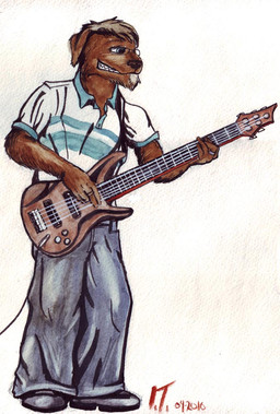 anthro bass_guitar beard blue_eyes bottomwear brown_body brown_fur clothed clothing collared_shirt denim denim_bottomwear denim_clothing eyewear facial_hair footwear fully_clothed fur glasses grin guitar happy jeans male musical_instrument pants playing_guitar playing_music plucked_string_instrument polo_shirt ring shirt shoes simple_background smile solo standing string_instrument topwear yellow_body yellow_fur divdurvart canid canine mammal 2010 painting_(artwork) traditional_media_(artwork) traditional_painting_(artwork) traditional_watercolor_(artwork) watercolor_(artwork)