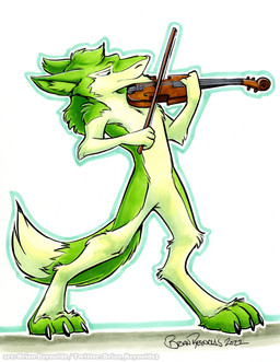 anthro bowed_string_instrument digitigrade dipstick_tail featureless_crotch fur green_body green_fur green_hair hair male markings musical_instrument solo string_instrument tail tail_markings violin violin_bow brian_reynolds sergal 2022 hi_res