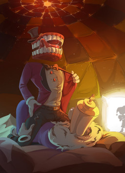 belt bodily_fluids bottomwear clothed clothing duo_focus female fully_clothed group hat headgear headwear king king_(chess) lying male male/male not_furry on_back pants robe royalty saliva sitting_on_another straddling teeth tongue tongue_out top_hat trio joystick2004 glitch_productions the_amazing_digital_circus caine_(tadc) kinger_(tadc) pomni_(tadc) animate_inanimate humanoid living_chess_piece 2025 hi_res