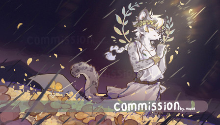 anthro armor belt bracers braided_hair clothing dutch_angle eyes_closed flower fur grey_body grey_fur hair holding_plant male mountain outside plant raining solo tail white_clothing white_hair maoooooe felid mammal pantherine snow_leopard 2026 7:4 hi_res