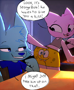 anthro blue_body blue_fur boxers_(clothing) butt clothing dialogue duo female flirting fur furniture male male/female pink_body pink_fur smile smirk speech_bubble table tail underwear epicwolfchillli epic_and_jana nickelodeon spongebob_squarepants epic_(epic_and_jana) jana_(epic_and_jana) canid canine canis domestic_cat felid feline felis mammal wolf hi_res