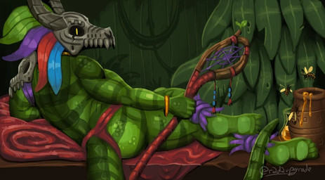 4_toes anthro bone bone_mask butt dreamcatcher feather_headdress feet food green_body honey_(food) lying male mask muscular muscular_male plant rug skull skull_mask solo suggestive tail tapering_tail toes tree tribal vines r2d2upgrade grande_odalisque terraria witch_doctor_(terraria) lihzahrd scalie watermark